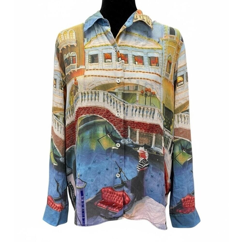 Nicole Taylor Venice Scenic Beaded Silk Shirt Large Gondola Italy Print